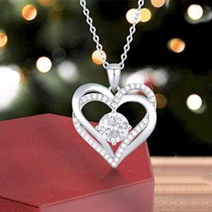 New Gorgeous 925 Silver Diamond Double Heart Necklace